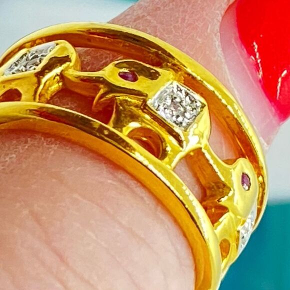 Geitz Elephant design 14K Gold Filled Filigree Band Ring CZ Stones size 7.5 - Picture 5 of 8